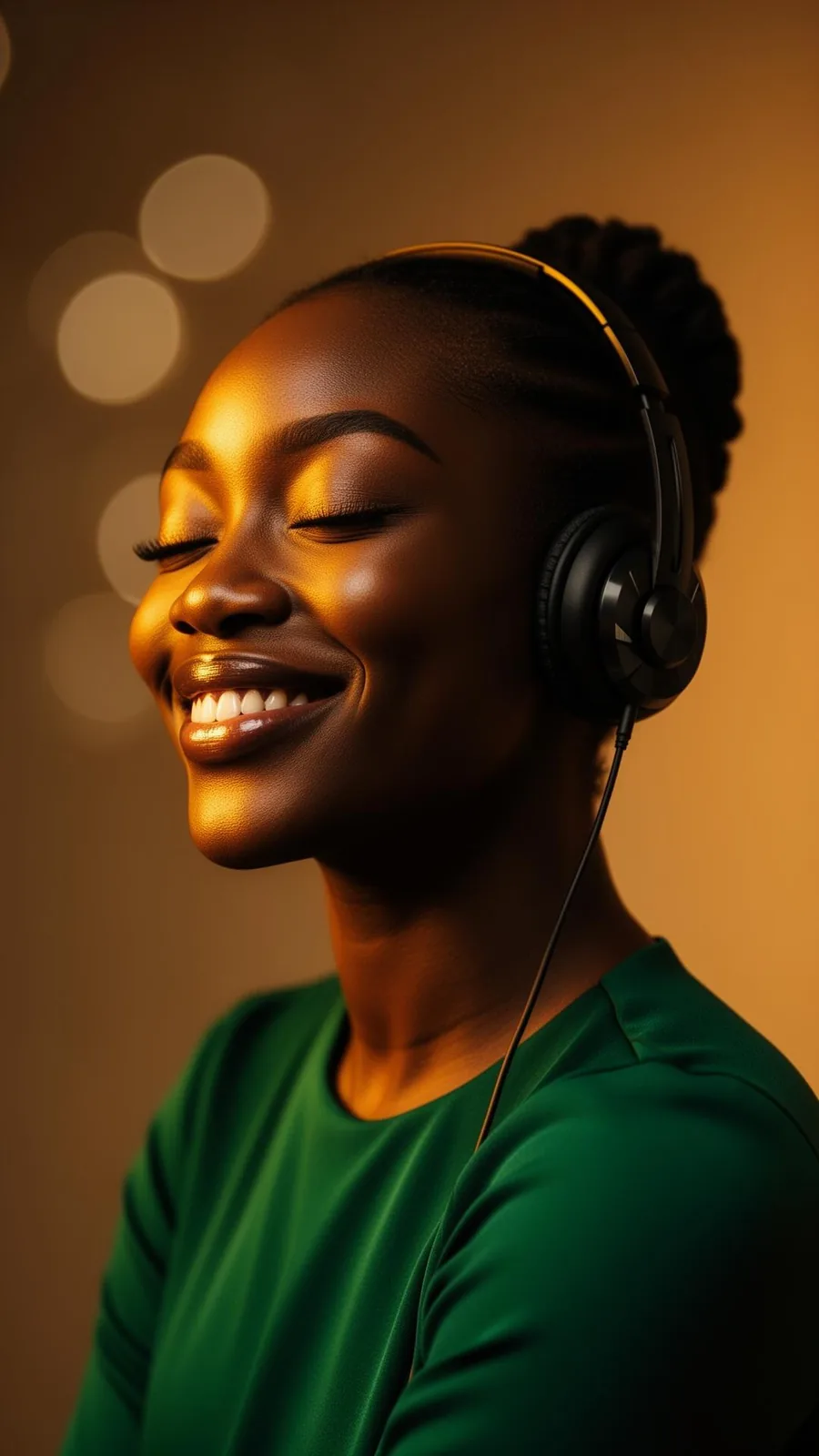 Femme africaine émue, casque sur les oreilles, écoutant sa chanson personnalisée